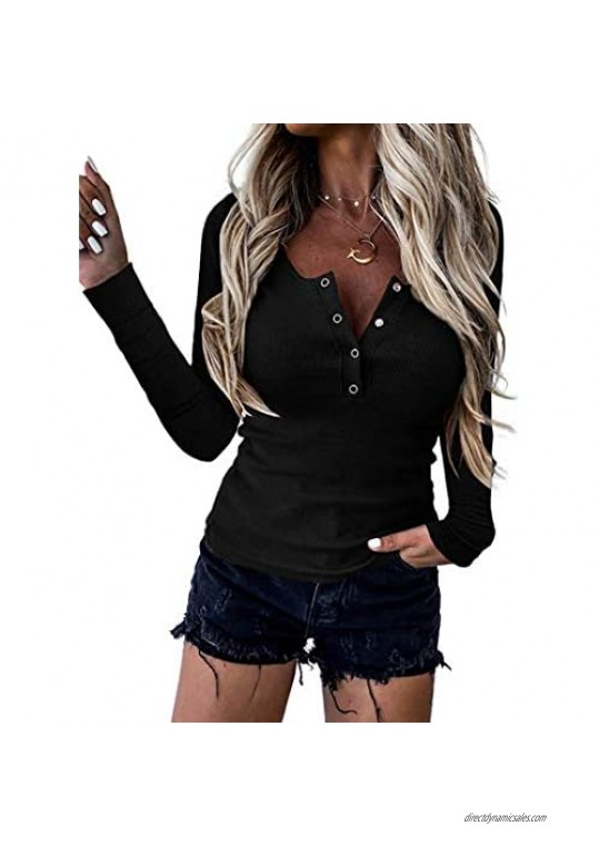 BTFBM Women Long Sleeve V Neck Button Up Solid Tops Blouses Trendy Slim Fit Lace Sleeves Ribbed Knit Casual Shirts Tunic