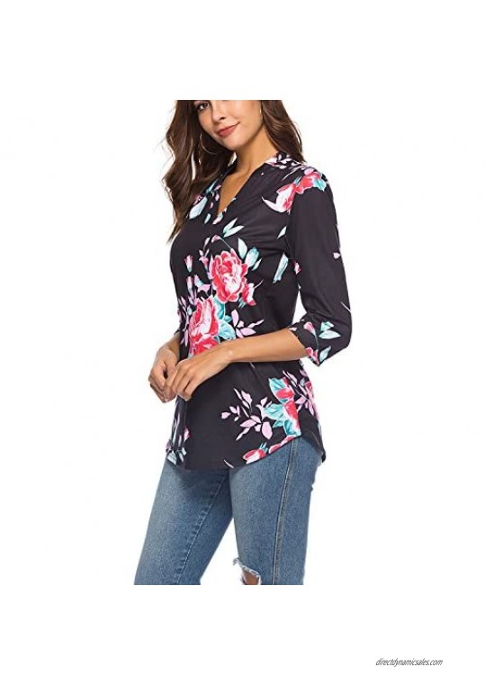 CEASIKERY Women's 3/4 Sleeve Floral V Neck Tops Casual Tunic Blouse Loose Shirt 001