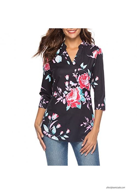 CEASIKERY Women's 3/4 Sleeve Floral V Neck Tops Casual Tunic Blouse Loose Shirt 001