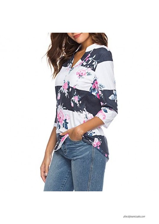 CEASIKERY Women's 3/4 Sleeve Floral V Neck Tops Casual Tunic Blouse Loose Shirt 002