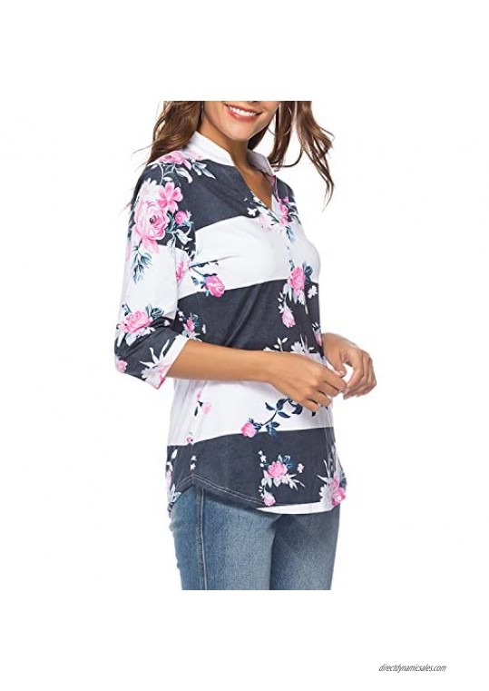 CEASIKERY Women's 3/4 Sleeve Floral V Neck Tops Casual Tunic Blouse Loose Shirt 002