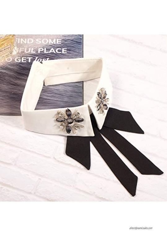CHARMGIRL Women Girls Fake Collar Detachable Lapel Rhinestone Crystal Pearl Blouse False Collar Choker Neck Bow Tie