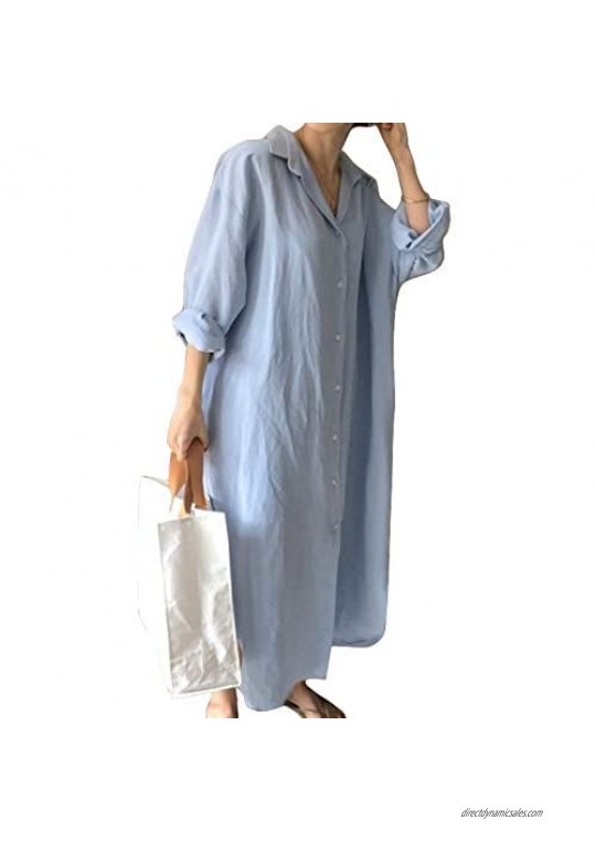 chouyatou Women's Elegant Rolled Up Sleeve Button Down Lightweight Loose Fit Linen Long Blouse Shirt Maxi Dress