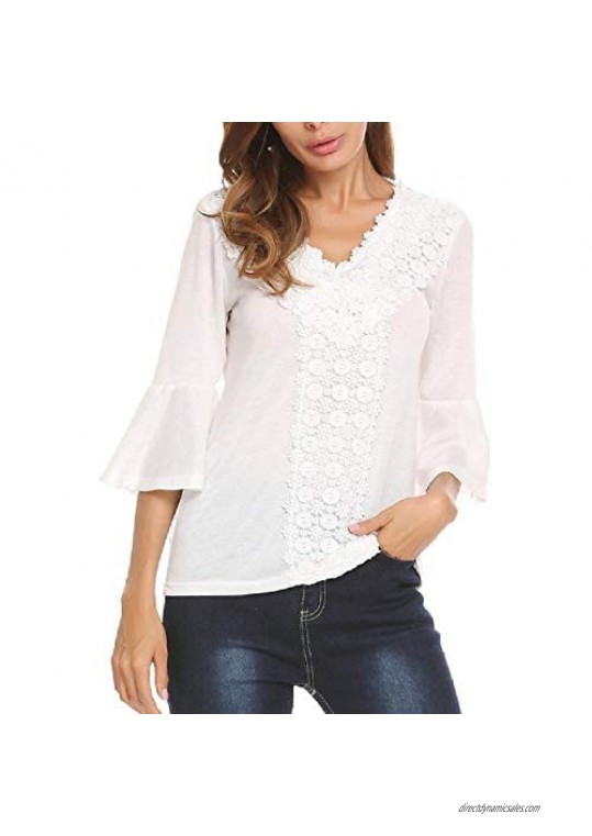 Concep Women's V Neck Top 3/4 Sleeve Blouse Casual T-Shirt Floral Lace Shirt
