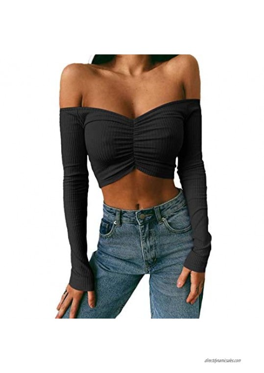 Cuihur Women's Sexy Off Shoulder Short/Long Sleeve Crop Tops Stretchy Tube Top Summer Blouse