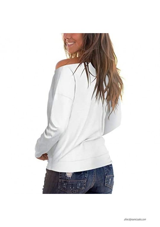 deqiang Women's Off Shoulder Tops Long Sleeve Casual Loose Blouse Plaid Tee Shirt