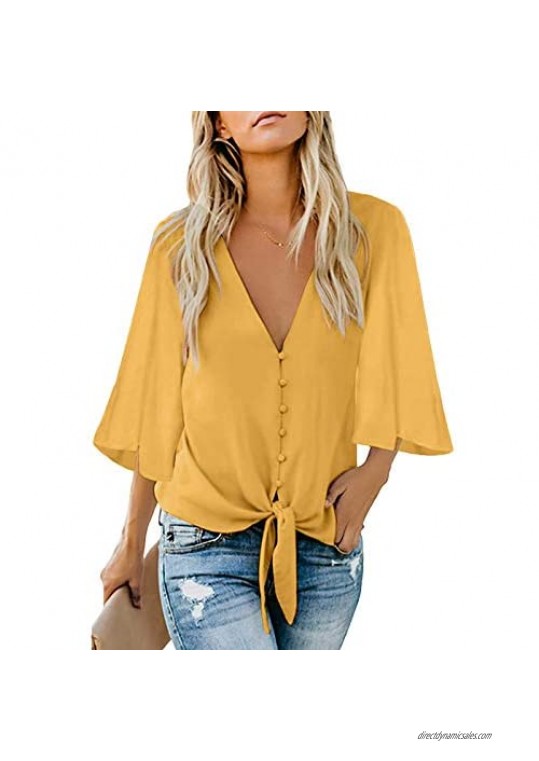 FANCYNA Women's V Neck 3/4 Bell Sleeve Tops Tie Knot Blouses Button Down Shirts for Women