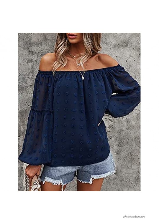 FindThy Women’s Off Shoulder 3/4 Puff Sleeve Chiffon Shirts Swiss Dot Summer Blouse Tops