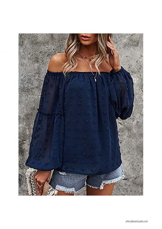 FindThy Women’s Off Shoulder 3/4 Puff Sleeve Chiffon Shirts Swiss Dot Summer Blouse Tops