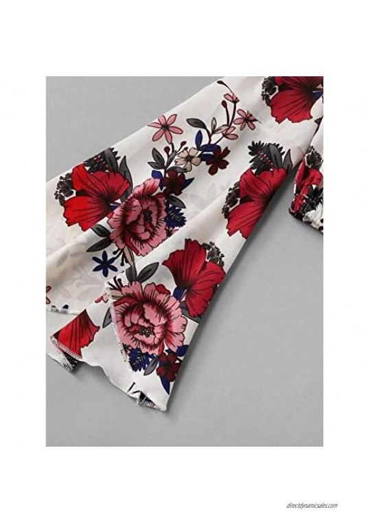 Floerns Women's Plus Size Floral Print Off Shoulder Bell Sleeve Blouse Top