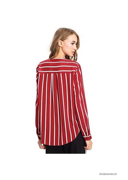 Floerns Women's V Neck Long Sleeve Striped Chiffon Blouse Top
