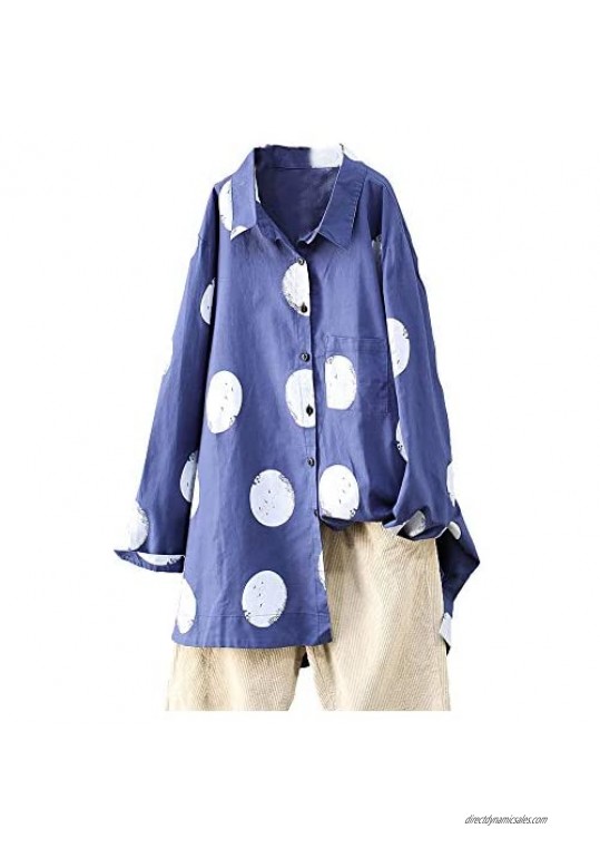FTCayanz Women's Casual Loose Blouses Button Down Shirts Polka Tops with Pocket