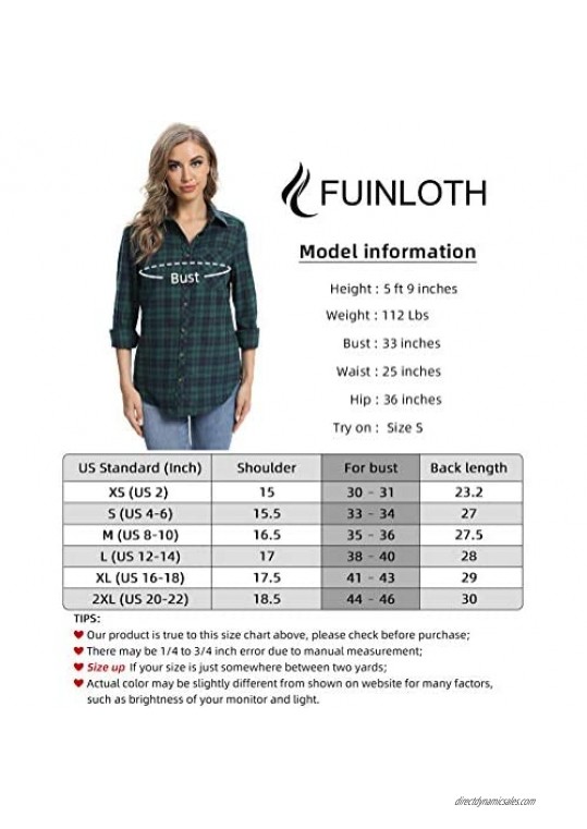fuinloth Women's Flannel Button Down Shirt Plaid Long Sleeve 100% Cotton with Pocket