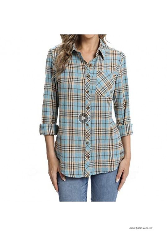 fuinloth Women's Flannel Button Down Shirt Plaid Long Sleeve 100% Cotton with Pocket