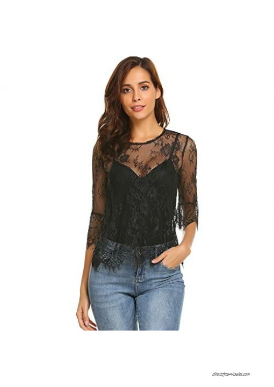Grabsa Women Casual Scalloped Trim Half Bell Sleeve Sheer Floral Lace Blouse