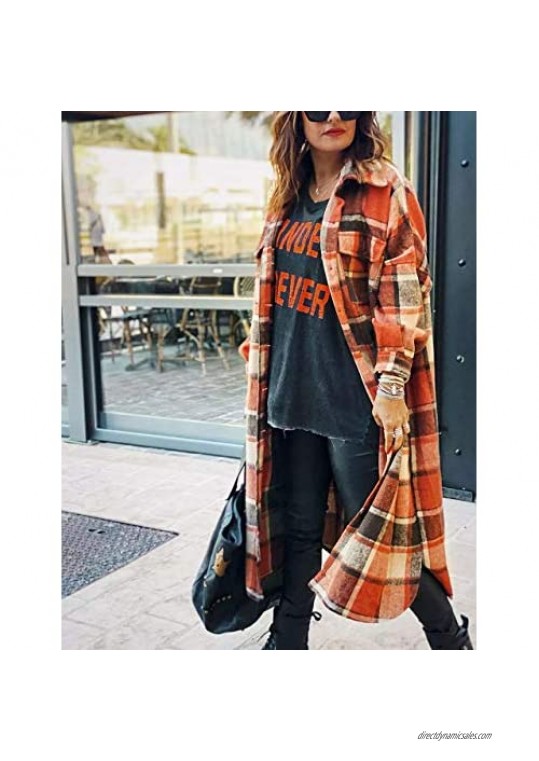 Himosyber Women's Casual Plaid Lapel Brushed Button Down Pocketed Long Shacket Coat Shirt