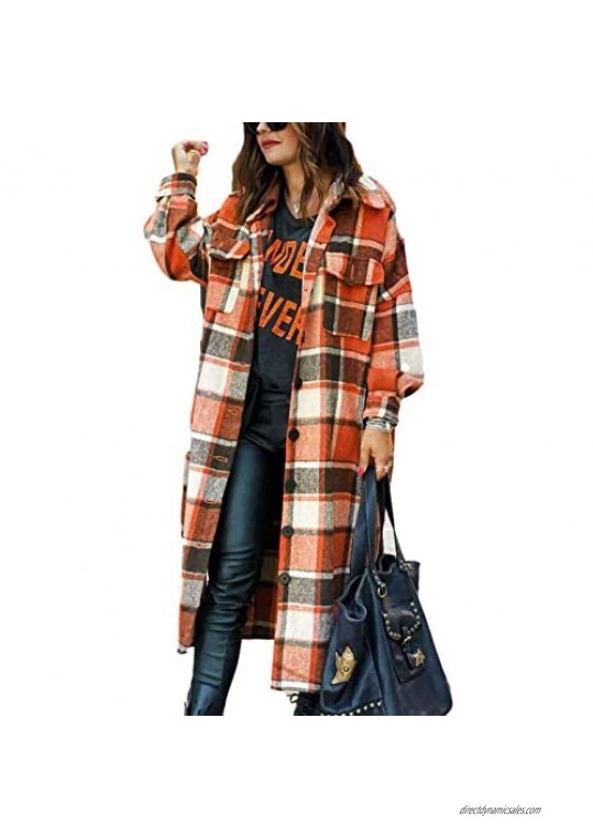 Himosyber Women's Casual Plaid Lapel Brushed Button Down Pocketed Long Shacket Coat Shirt