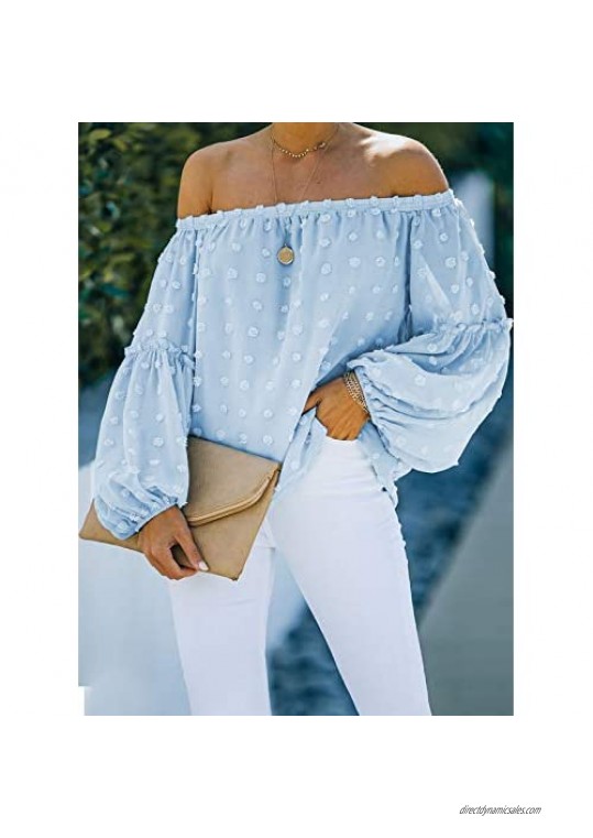 HOTAPEI Women's Summer Puff Sleeve Chiffon Shirts Pom Pom Swiss Dot Tops Off Shoulder Blouse Tops