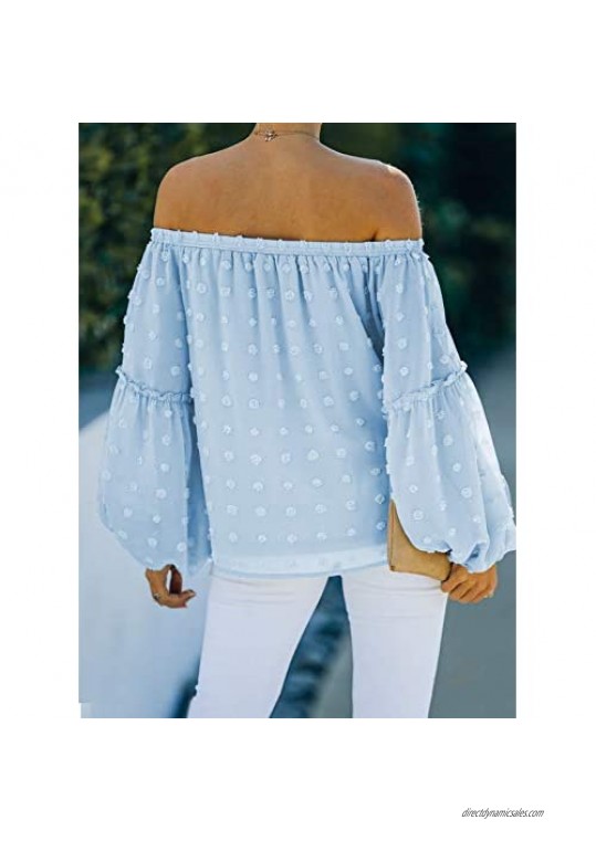 HOTAPEI Women's Summer Puff Sleeve Chiffon Shirts Pom Pom Swiss Dot Tops Off Shoulder Blouse Tops