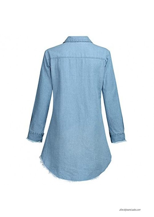 Kedera Women's Denim Shirt Dresses Long Sleeve Distressed Jean Blouse Button Down Casual Tunic Top