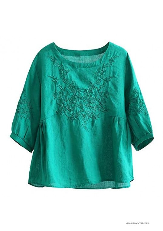 Ladyful Women's Summer Cotton Linen Embroidered Blouse Tunic Shirt Top with 3/4 Sleeve