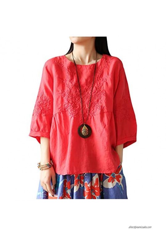 Ladyful Women's Summer Cotton Linen Embroidered Blouse Tunic Shirt Top with 3/4 Sleeve