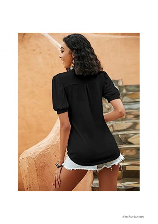 LOMON Womens Puff Sleeve Tops Casual V-Neck T-Shirts Tunic Blouse for Summer