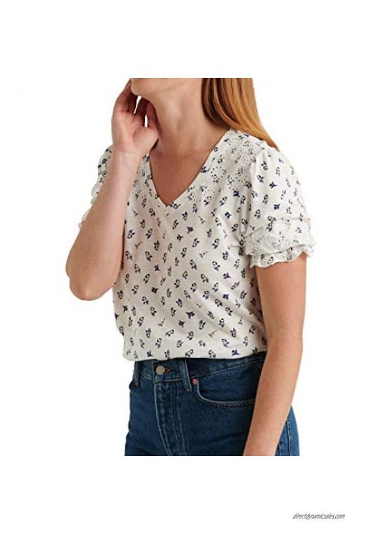 Lucky Brand Women's Puff Sleeve V Neck Embroidered Top