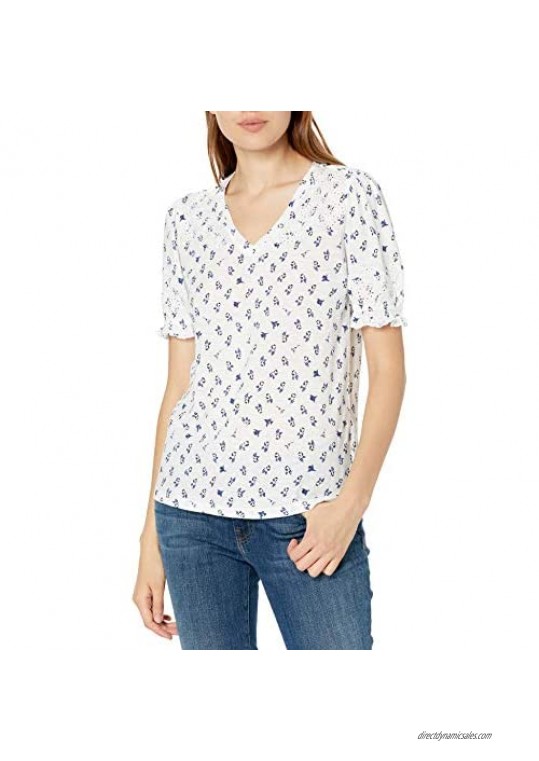 Lucky Brand Women's Puff Sleeve V Neck Embroidered Top