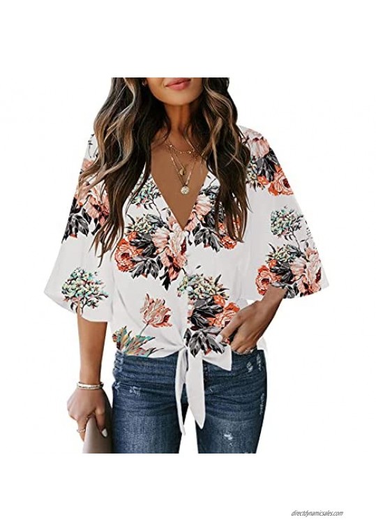 luvamia Women's Button Down Blouse V Neck Tie Knot Summer Tops Long Sleeve Shirt