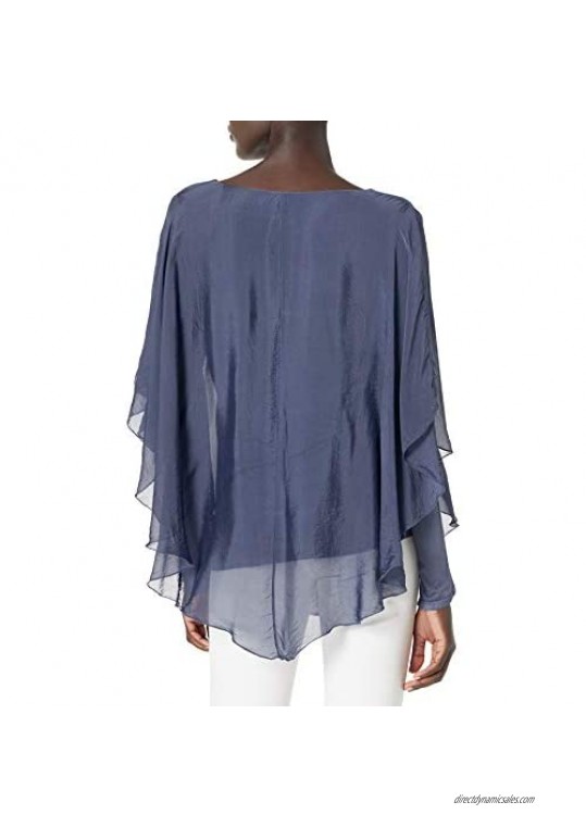 M Made in Italy Women's Long Sleeve Layered Silk Cape Overlay Top