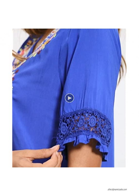Mansy Women's Embroidery Mexican Bohemian Shirt Short Sleeve Ruffled Peasant Tops Tunic Blouses