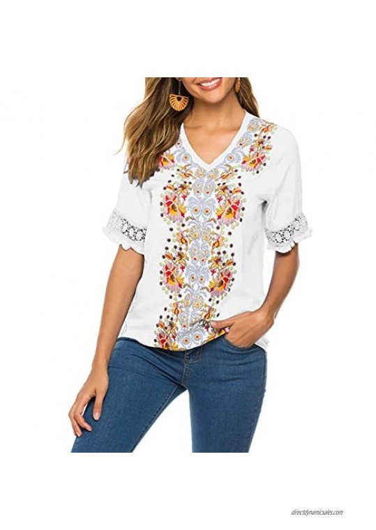 Mansy Women's Embroidery Mexican Bohemian Shirt Short Sleeve Ruffled Peasant Tops Tunic Blouses