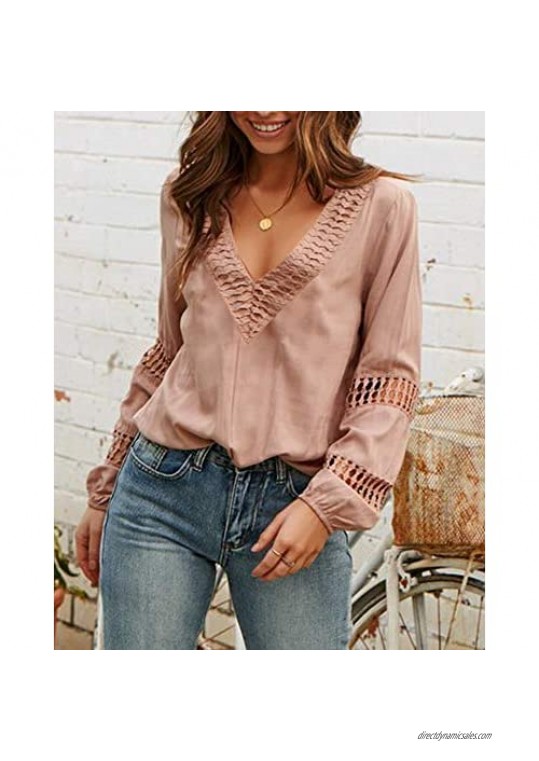 Ofenbuy Womens V Neck Lantern Long Sleeve Blouse Hollow Out Casual Summer Shirts Tops