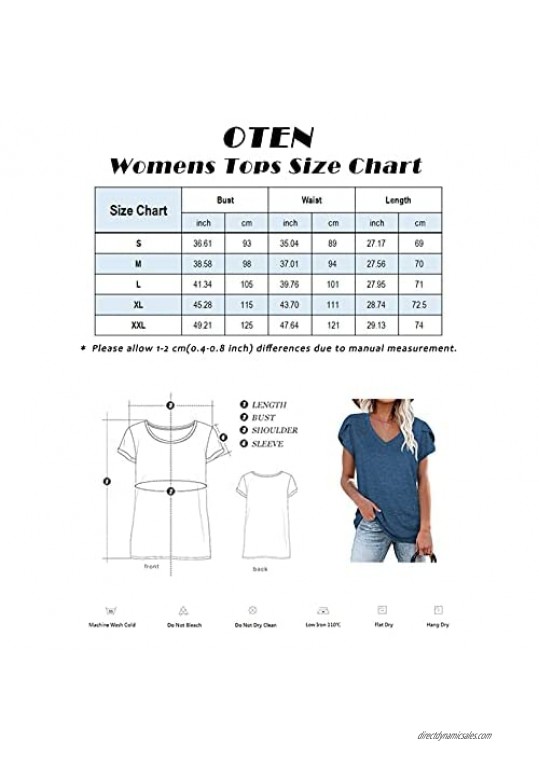 oten Womens V Neck T Shirts Summer Petal Short Sleeve Shirt Casual Solid Color Tops