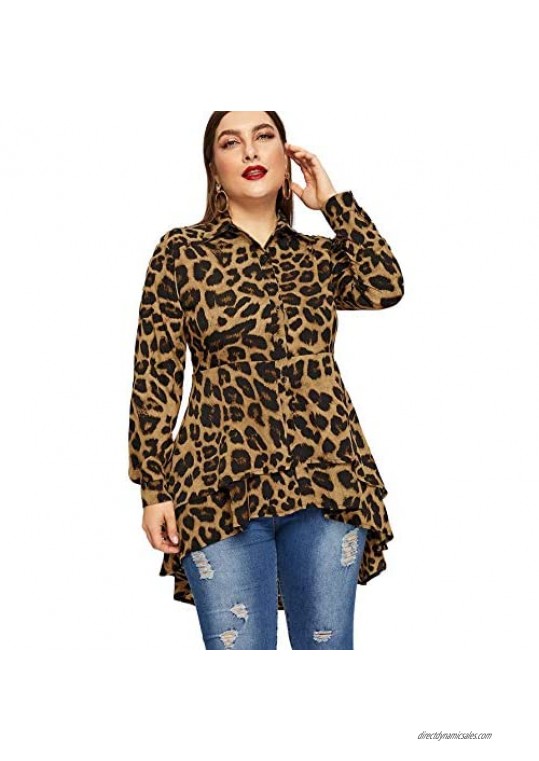 Romwe Women's Plus Size Leopard Print Long Sleeve High Low Button Down Longline Peplum Blouse