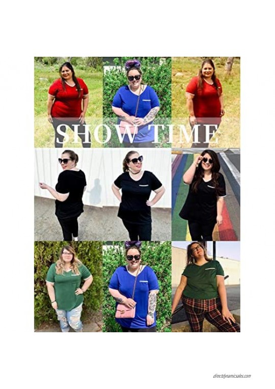 ROSRISS Womens Plus Size Tops V Neck Short Sleeve T-Shirt Color Block Blouse Tunics with Pocket