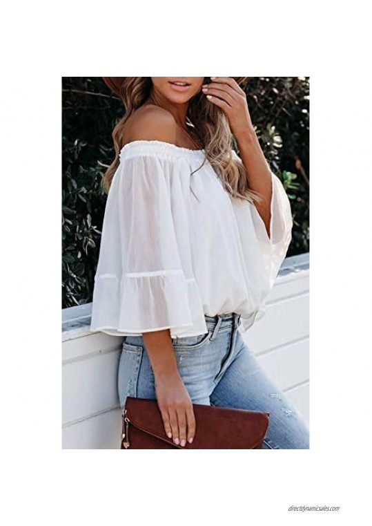 SENSERISE Womens Off The Shoulder Tops Casual Loose Chiffon Bell Sleeve Blouse Shirts