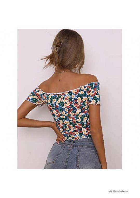 SheIn Women's Floral Print Off Shoulder Lettuce Edge Bardot Summer Crop Top