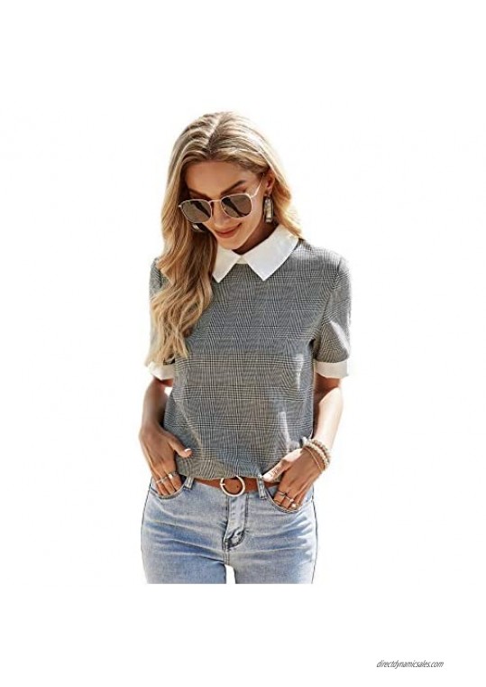 SheIn Women's Short Sleeve Contrast Collar Houndstooth Blouse Casual Keyhole Back Top
