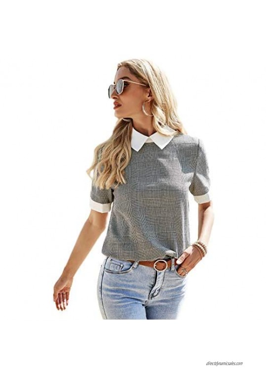 SheIn Women's Short Sleeve Contrast Collar Houndstooth Blouse Casual Keyhole Back Top