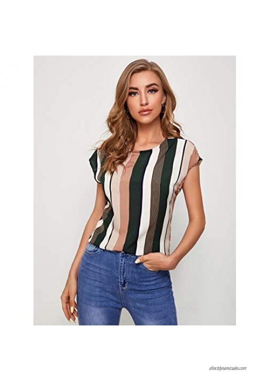 SheIn Women's Striped Batwing Short Sleeve Blouse Round Neck Cut Out Twist Back Shirt Tops