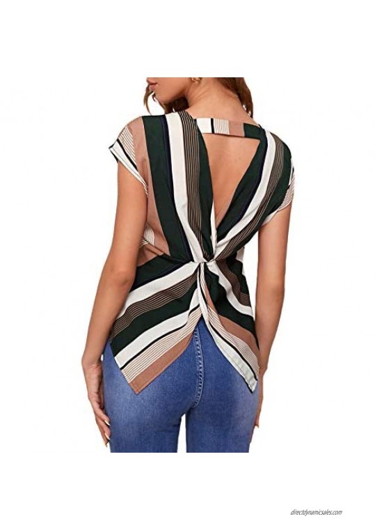 SheIn Women's Striped Batwing Short Sleeve Blouse Round Neck Cut Out Twist Back Shirt Tops