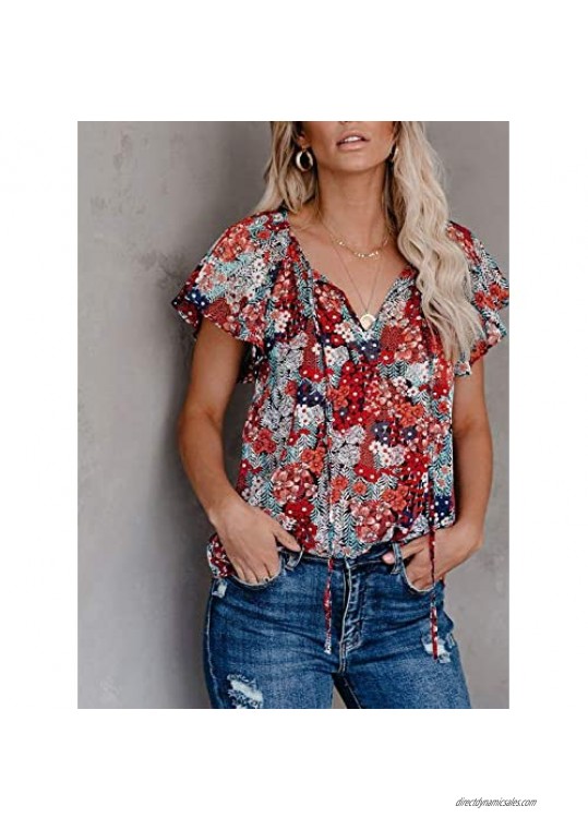Sidefeel Womens Summer Short Sleeve Shirts Tops Boho Floral Printed V-Neck Drawstring Blouses S-XXL