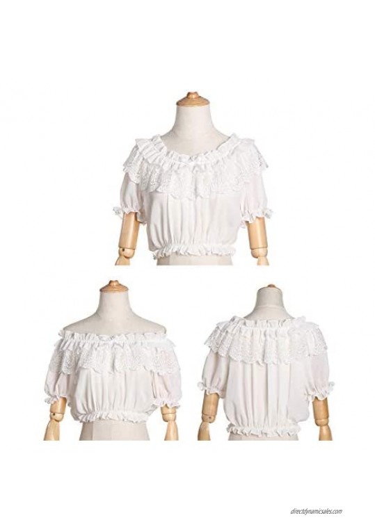 Smiling Angel Women Lolita Frilly Chiffon Crop Top Blouse White/Black/Wine Red/Blue/Apricot Puff Sleeve Lace Bottoming Shirt