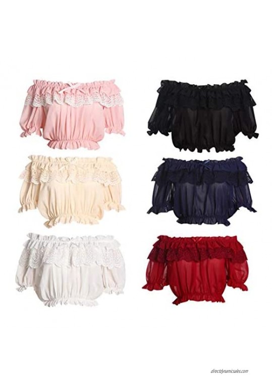 Smiling Angel Women Lolita Frilly Chiffon Crop Top Blouse White/Black/Wine Red/Blue/Apricot Puff Sleeve Lace Bottoming Shirt