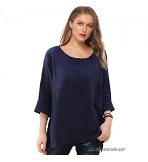 Soojun Women's Casual Loose Long Sleeve Round Collar Cotton Linen Shirt Blouse Tops (Size S to XL)