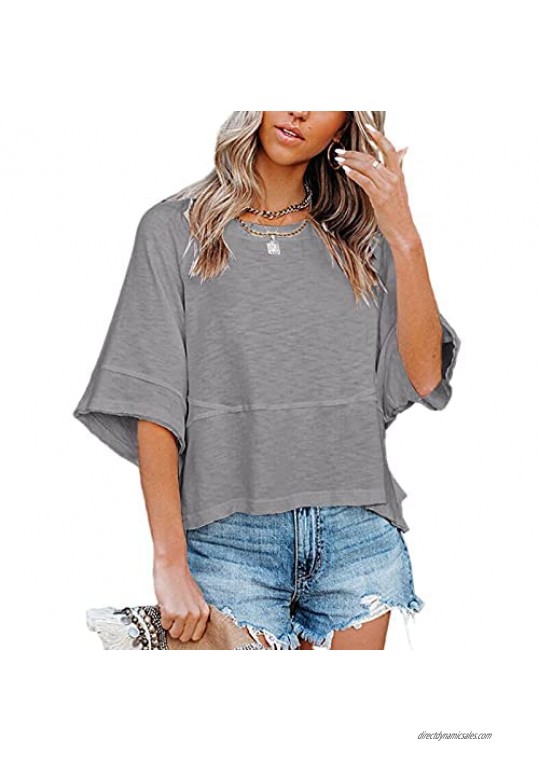 Sovelen Women's Summer Casual Crewneck 3/4 Sleeve T-Shirts Solid Color Loose Fit Cute Basic Tops Tees Blouses