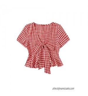 SweatyRocks Women's Casual Open Front Tie Knot Crop Top Puff Sleeve Ruffle Chiffon Short Blouse Shirt