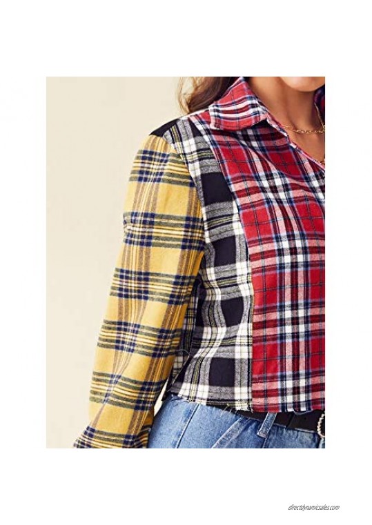 SweatyRocks Women's Cute Color Block Long Sleeve Crop Tops Plaid Button Down Blouse
